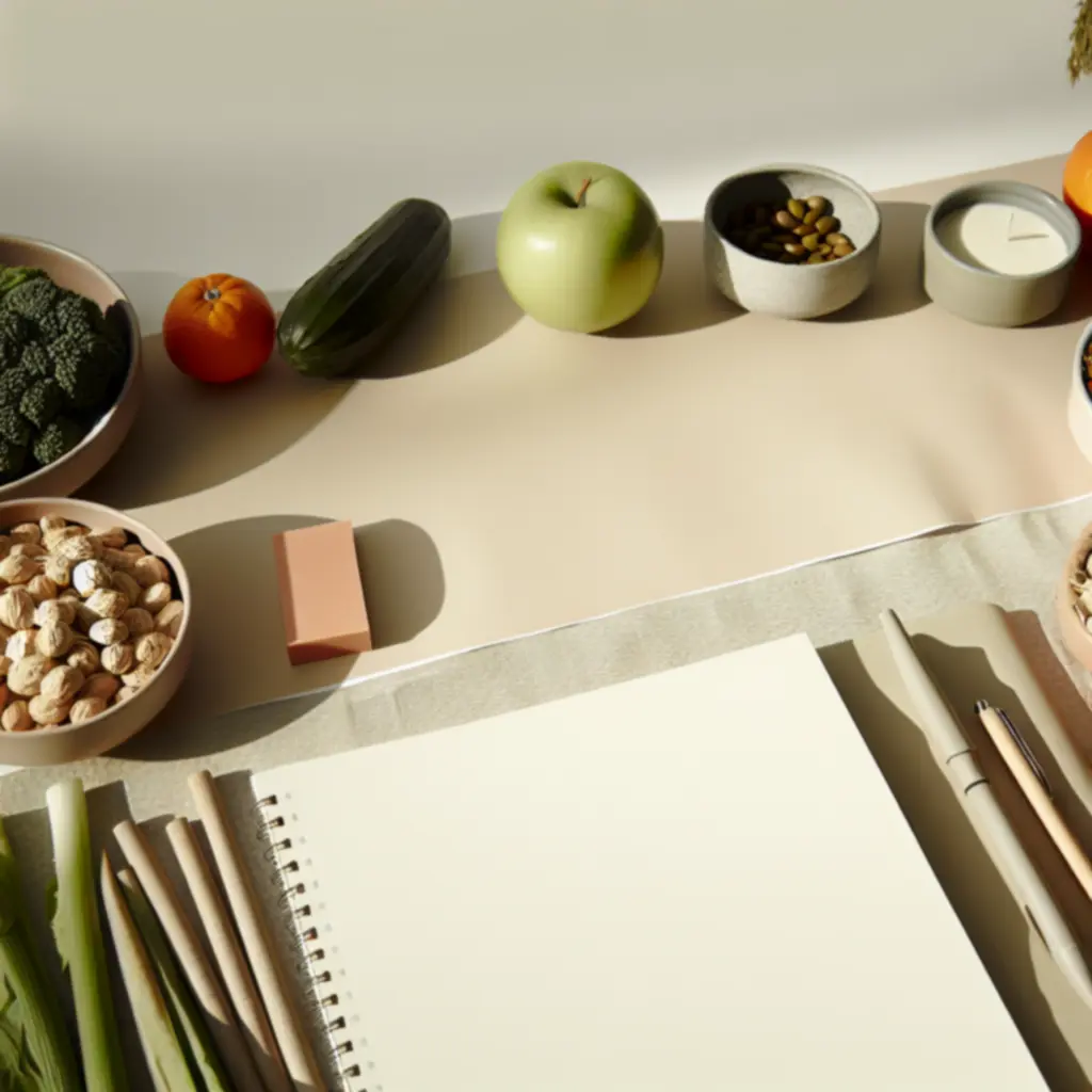 Rustige compositie met gezonde ingrediënten en notitieboek voor gebalanceerde planning