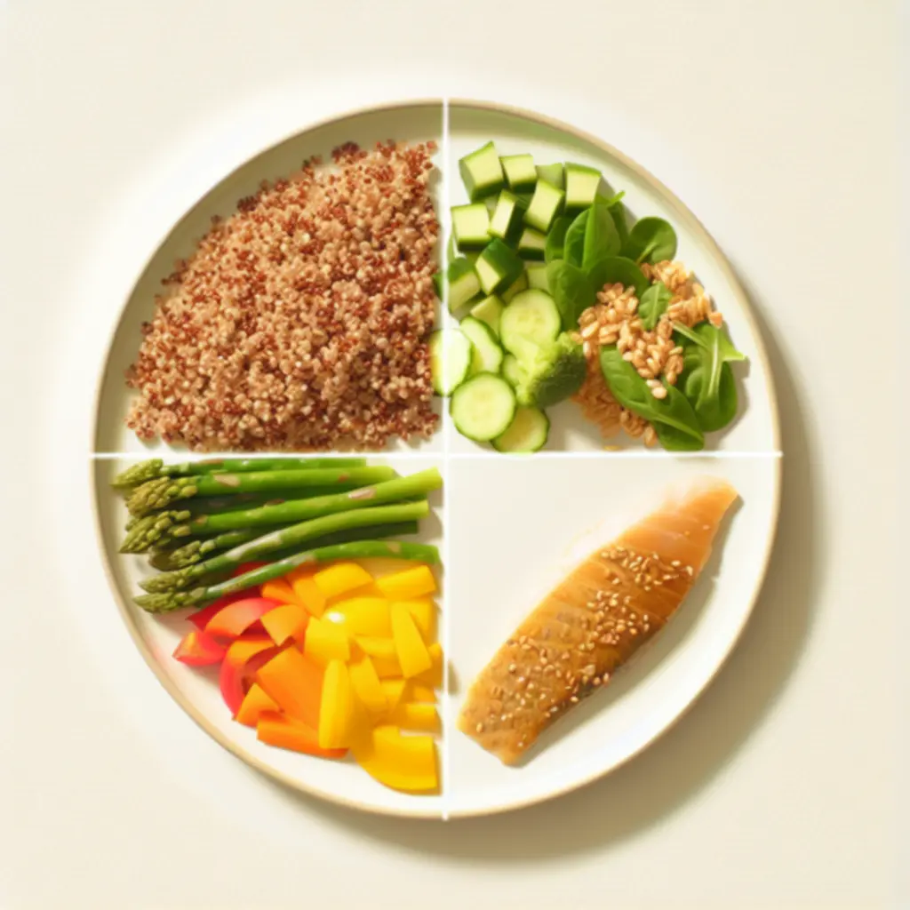 Gebalanceerd bord met granen, groente en eiwitten overzichtelijk verdeeld