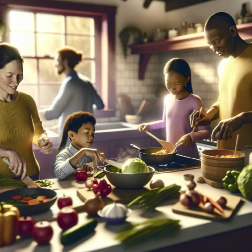 Gezin dat samen kookt en een gebalanceerde maaltijd bereidt