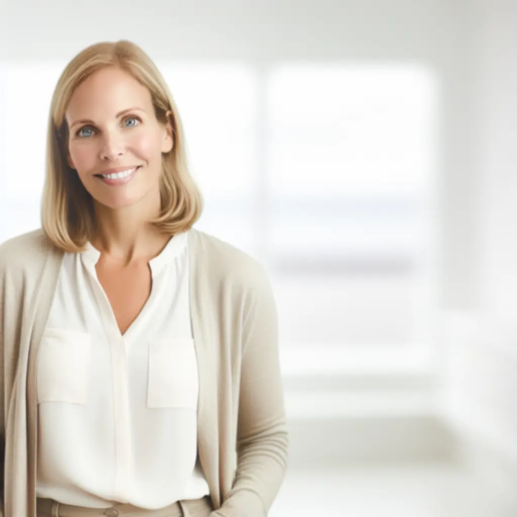 Portret van de oprichter, glimlachend in een lichte, moderne werkruimte