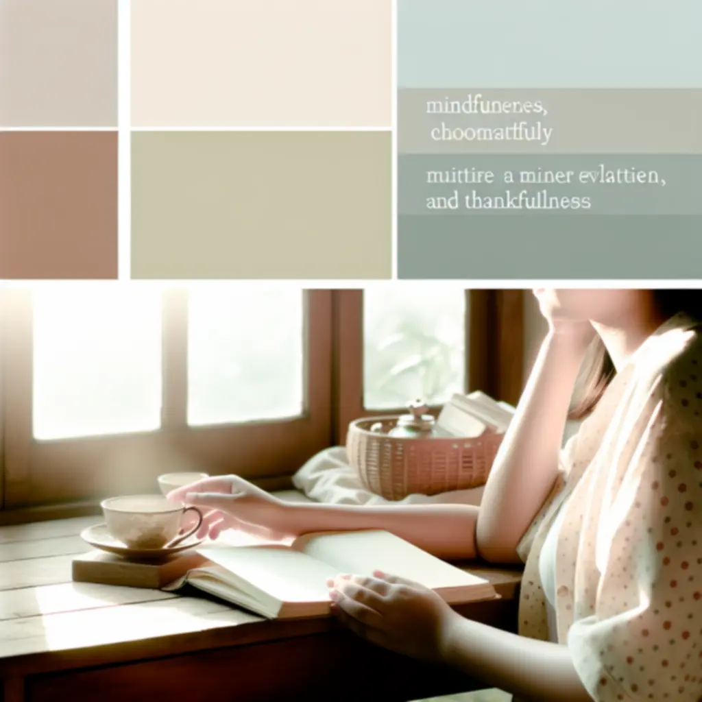 Rustig moment met notitieboek en thee om te reflecteren en dankbaarheid te oefenen.