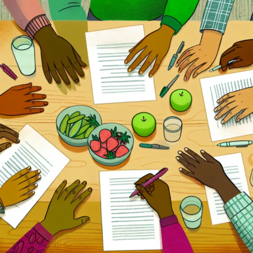 Samenwerking aan een tafel met notities en gezonde snacks