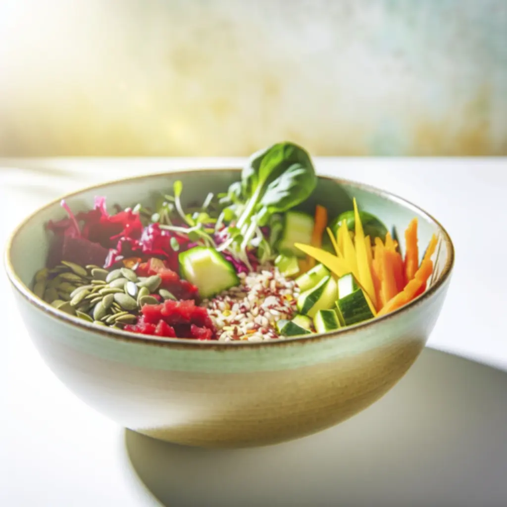 Frisse kom met kleurrijke, voedzame maaltijd als symbool voor gezond en gebalanceerd leven.