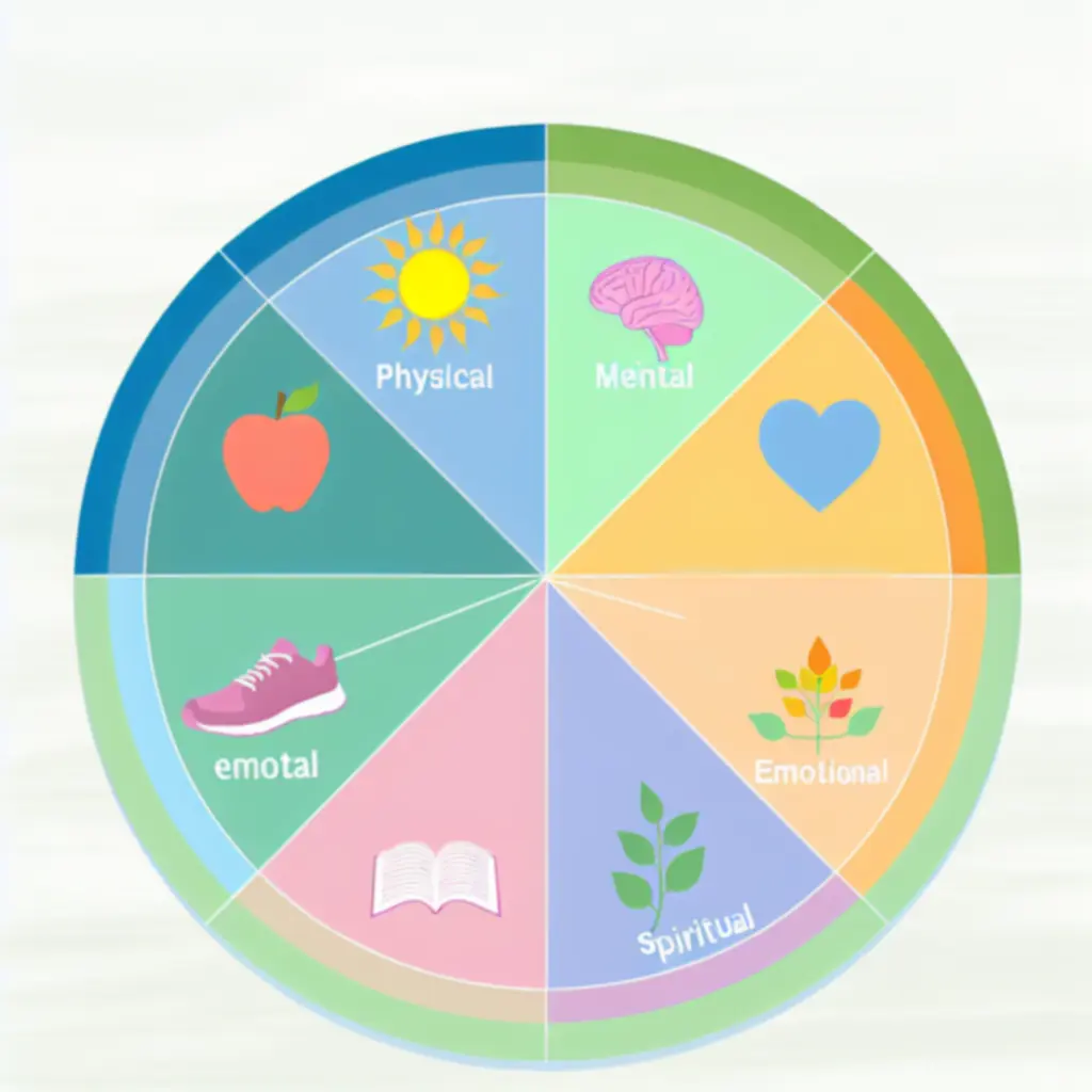 Visuele weergave van het Wellness Wheel met fysieke, mentale, emotionele en spirituele domeinen